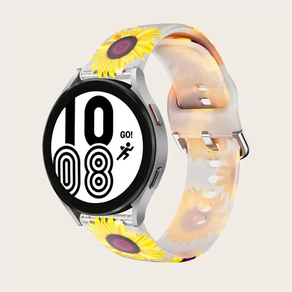 20mm Universal pattern printed silicone watch strap - White / Sunflowers